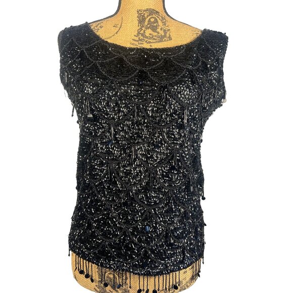 Made In British Hong Kong Tops - VTG 50s NWT Womens M Handmade Gatsby Black Beaded Wool Sleeveless Top Old Money